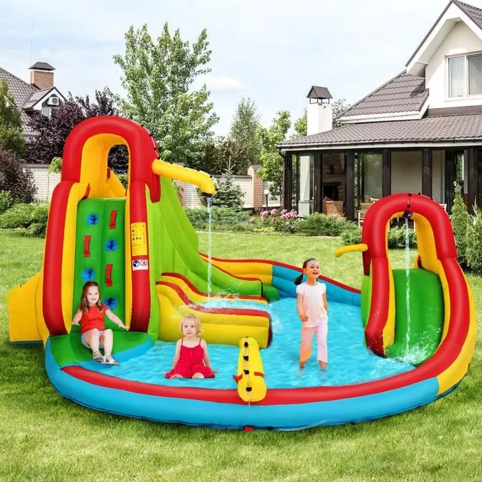 COSTWAY Château Gonflable pour 3 Enfants avec 2 Toboggans,Bassin d'Eclaboussement,Canon à Eau Charge Max 160KG Souffleur Non-inclus-0