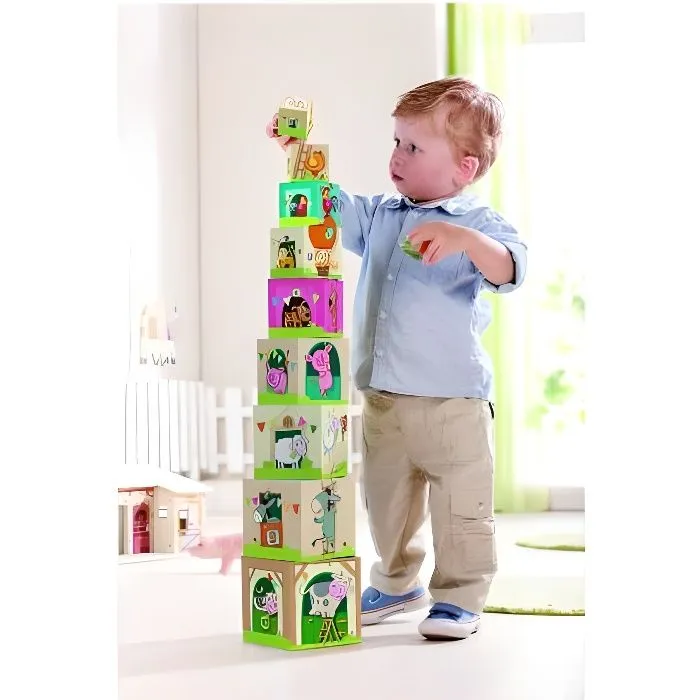 Jouet à empiler en bois - HABA - Cubes à la campagne - Pour enfants de 12 mois à 4 ans - Vert-0
