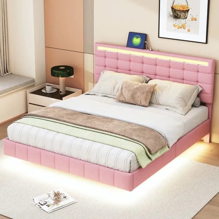 MODERNLUXE Lit rembourré 160x200 cm, avec éclairage LED et tête de lit design, sommier à lattes, rose-0