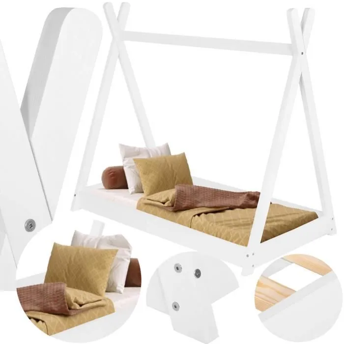 Springos® Lit tipi pour enfant avec sommier à lattes, en bois massif 70 x 140 x 130 cm-1