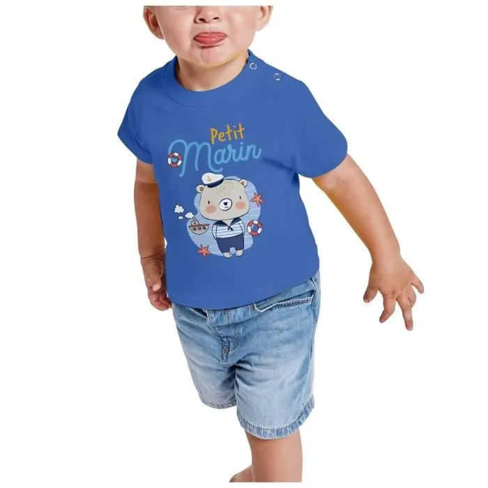 T-shirt Bébé Manche Courte Bleu Petit Marin Dessin Illustration Bateau Mer-1