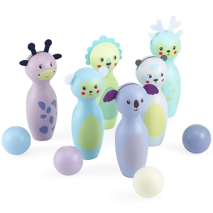 Jeux de Quille Bowling Enfant en Bois- Mamabrum- Lot de 6 bowling et 4 Boules - Animaux pastels- divertissement en Famille-0