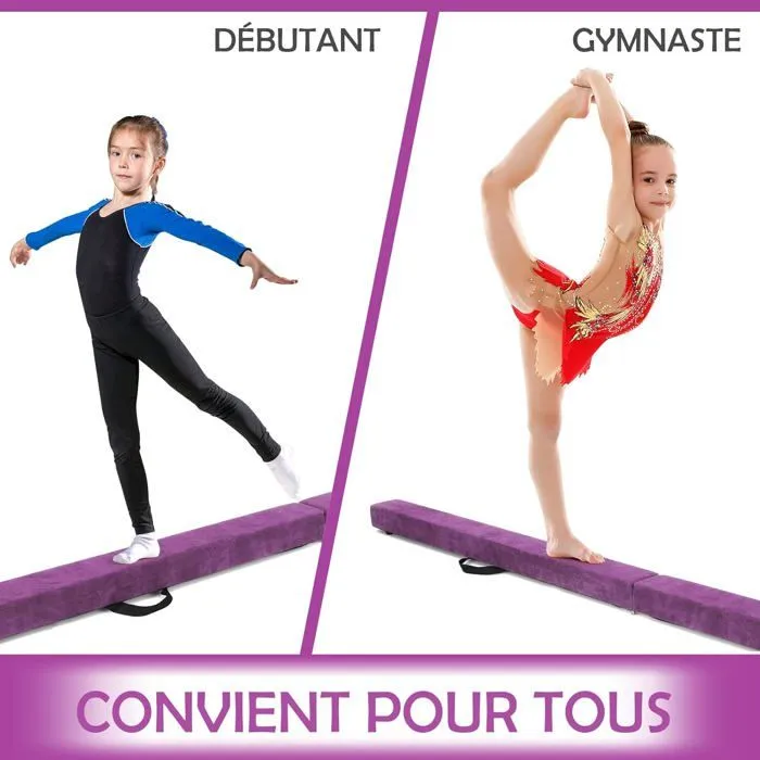 COSTWAY Poutre de Gymnastique Pliable 210cm pour Enfants avec Poignées de Transport 4 Patins Antidérapants Couverture en Daim Violet-4