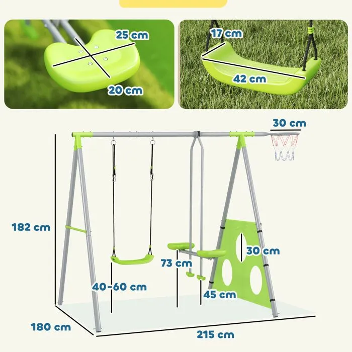 Portique balancoire enfant 4 en 1 - AIYAPLAY - sièges et face à face, panier de basket-ball et but de football, charge 135 kg - vert-3
