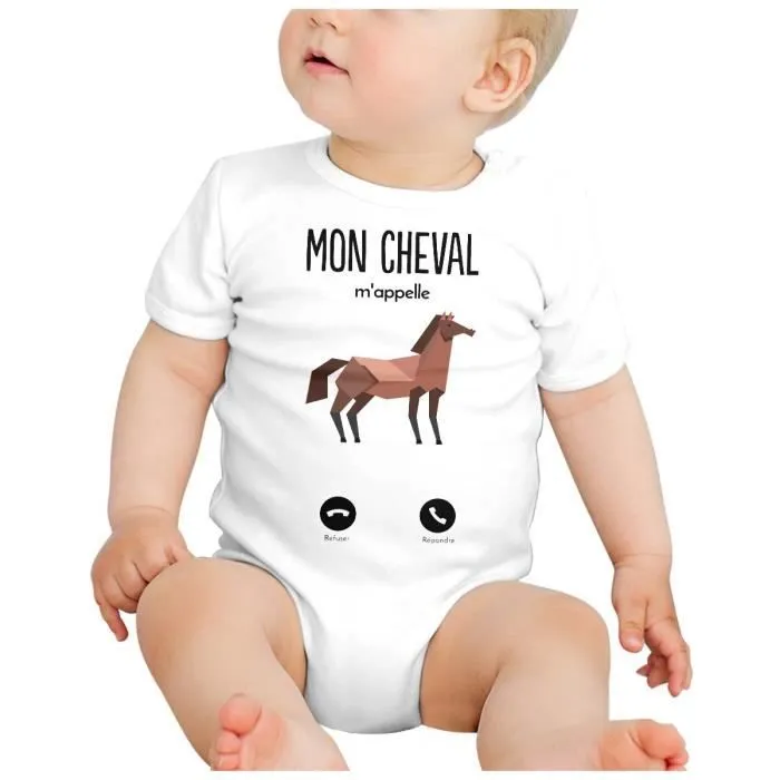 Body Bébé Manche Courte Blanc Mon Cheval M'Appelle Animaux Passion-1