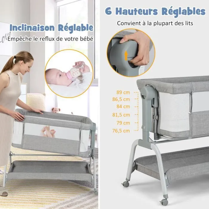 COSTWAY Berceau Cododo Bébé Portable 4 en 1 Matelas,Filet,Panier de Rangement, 2 Sangles Elastiques Hauteur Réglable 0-6 Mois Gris-3