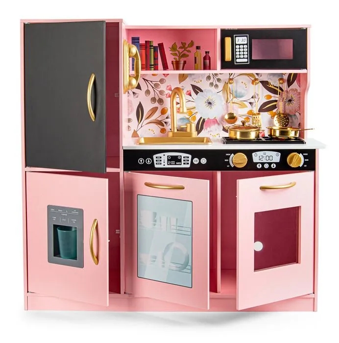 Cuisine en Bois MEMO Pink pour Enfants : Lumières et Sons Réalistes, Accessoires Dorés ! Amusement et éducation!-3
