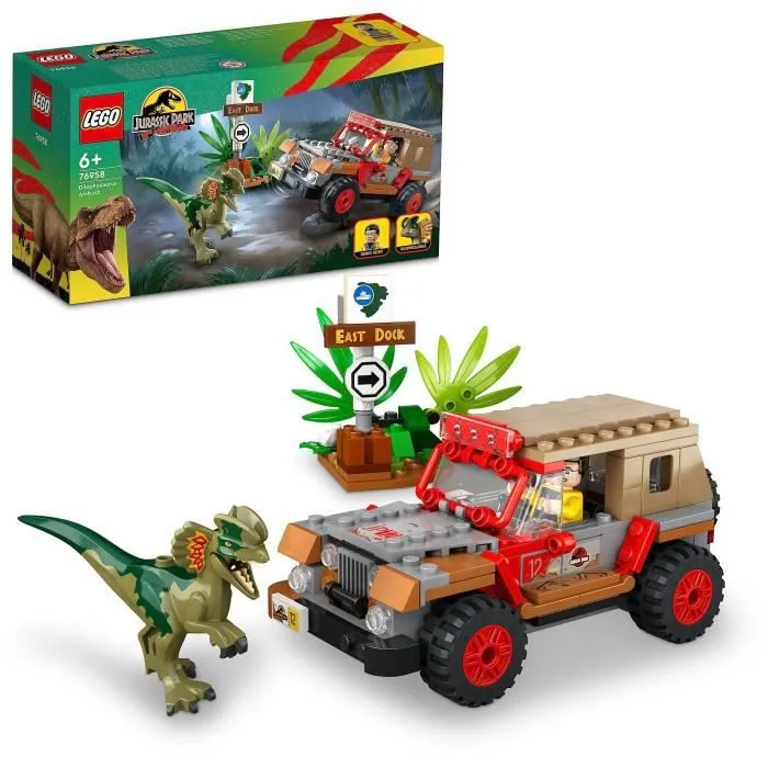 LEGO® Jurassic Park 76958 L'Embuscade du Dilophosaure, Jouet de Dinosaure avec Voiture Jeep