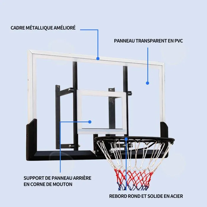 C Panier de basket 112x72 cm taille du panneau de basket montage mural panneau de basket suspendu avec vis plaque d'acier PVC noir-2