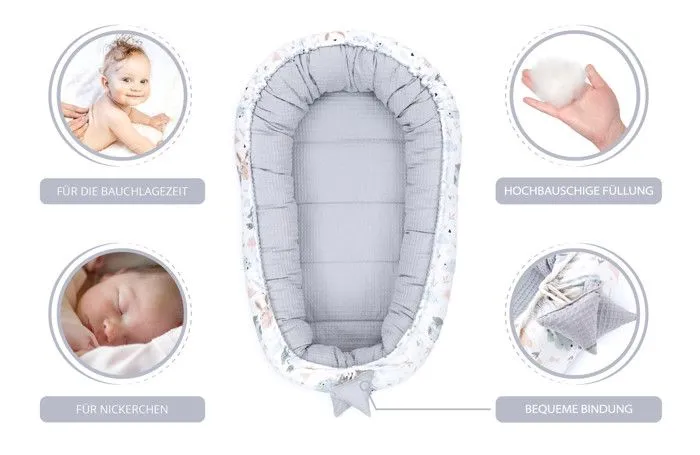 Réducteur Lit Bébé 90 x 50 cm - Cocon fait à la main des deux côtés en coton Piqué Gaufré Gris et Motif Lapin-1