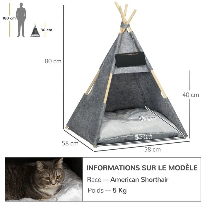 PawHut Tente tipi pour animaux - teepee chat ou chien - coussin épais grand confort inclus - structure bois de pin feutre peluche PV-3