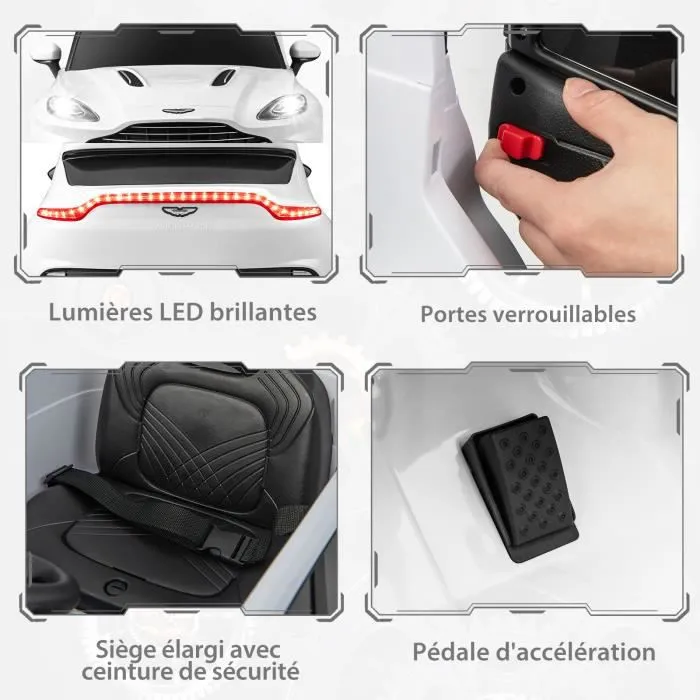 COSTWAY Aston Martin Voiture Électrique 12V/4,5 Ah pour Enfants 3-8 Ans,Télécommande 2.4G, 2 Moteur, LED, USB, Radio, Klaxon, Blanc-2