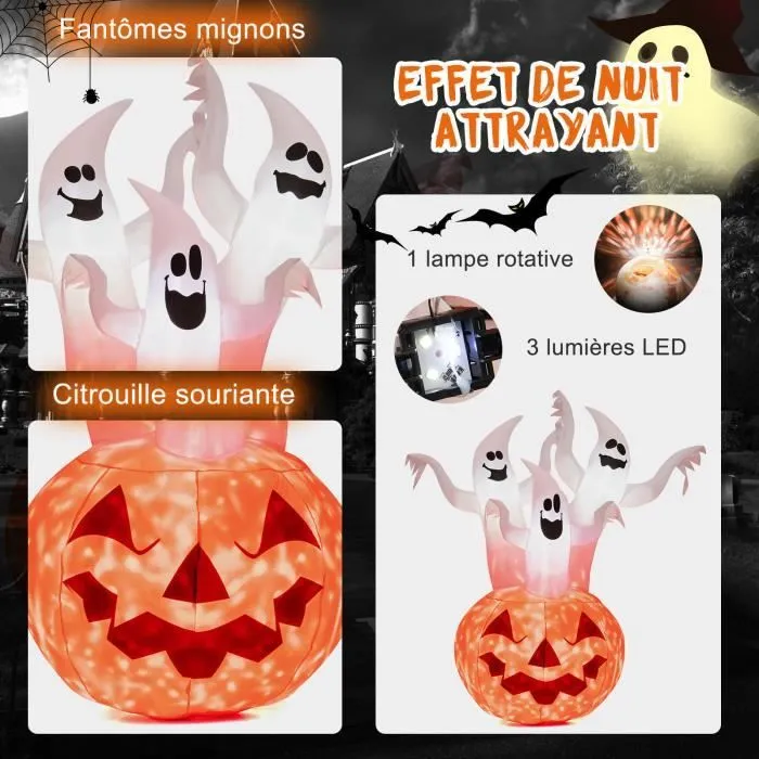 COSTWAY 182 CM Décoration Gonflable d’Halloween, 3 Fantômes avec Citrouille, avec Lumières Rotatives Colorées et Souffleur Intégré-1