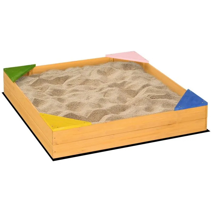 Bac à sable carré en bois pour enfants 4 assises en coin et film protection 109 x 109 x 19,8 cm bois naturel 109x109x19cm Beige-0