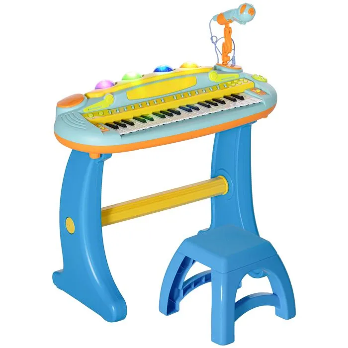 Piano enfant électronique AIYAPLAY 37 touches, avec micro, tabouret, lumière LED, fonction d'enregistrement et de relecture, bleu-0