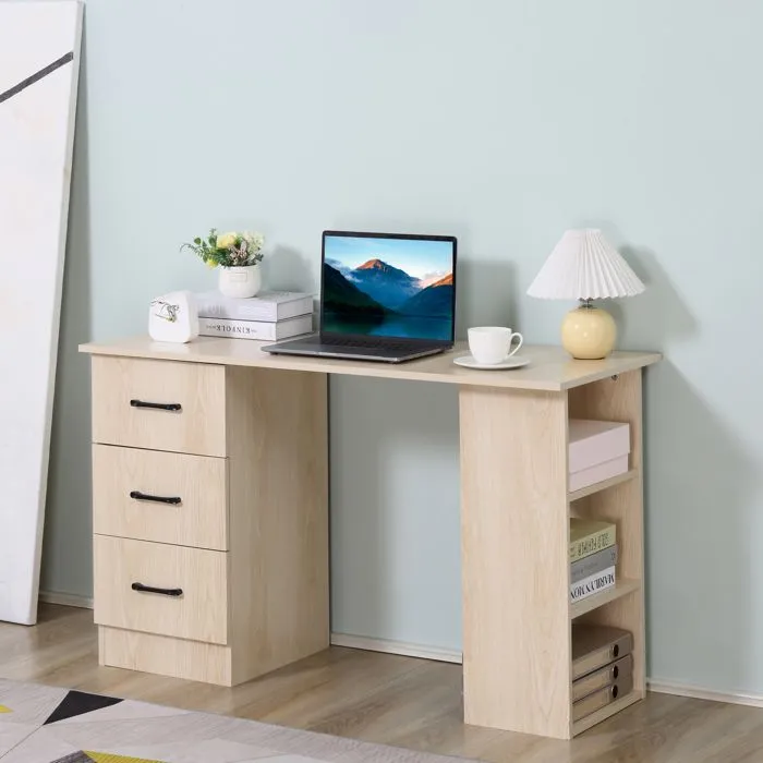 Bureau 120 x 50 cm - HOMCOM - étagères et tiroirs - pour petit espace, bureau à domicile, chambre à coucher - couleur bois-2