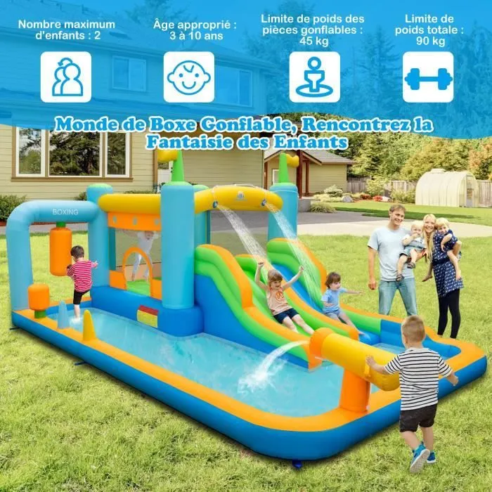 COSTWAY Château Gonflable-Toboggan Aquatique Géant pour Enfants, avec Souffleur, Canon à Eau et Sac de Sable de Boxe, 503x348x228cm-1