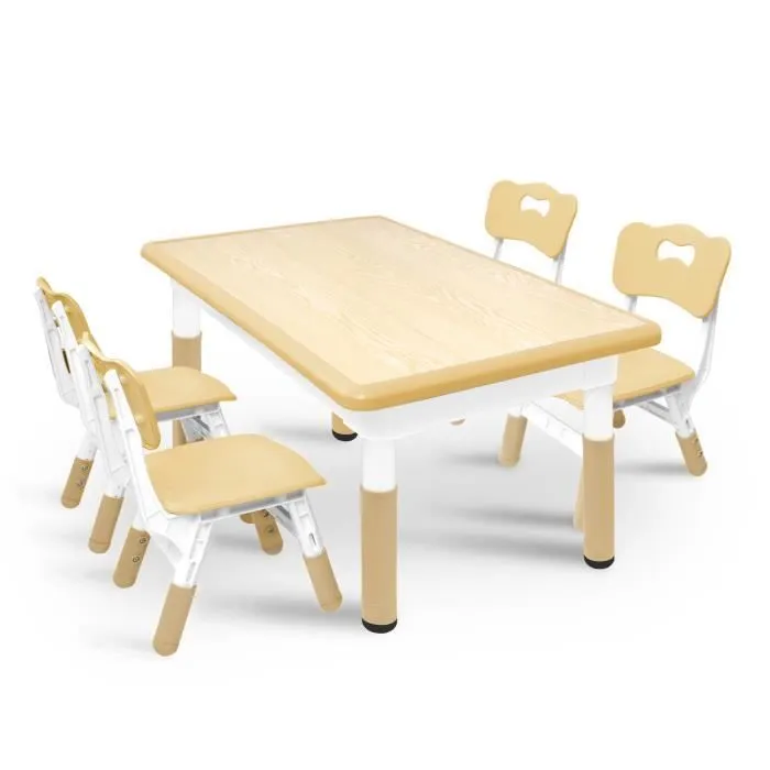 UISEBRT Table avec 4 Chaises pour Enfants Réglable en Hauteur Meubles en Plastique pour Garçons et Filles de 2 à 10 Ans, Beige-0