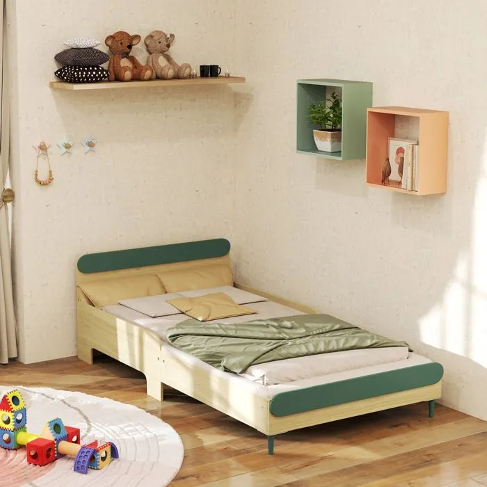 Lit pour enfant - AIYAPLAY - 3 à 10 ans - barrière de sécurité, sommier à lattes inclus - 195 x 103 x 60,5 cm - vert-2