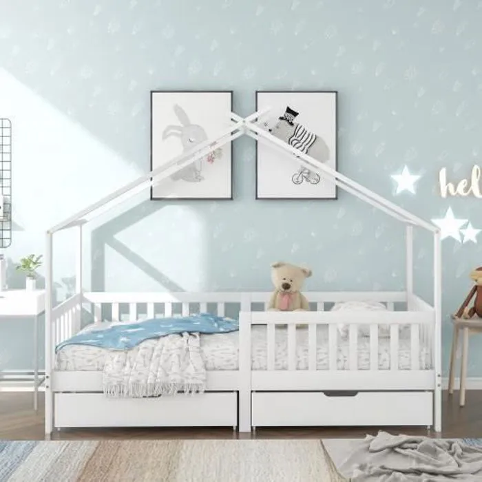 Lit cabane pour enfant - LIBERTÉ - 200x90 cm - Bois massif - 2 tiroirs - Blanc-3