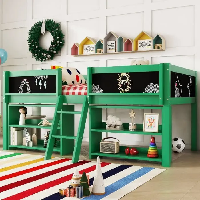 Lit mezzanine enfant - Bois de pin - 90x200cm - Étagères de rangement - Balustrade de sécurité - Échelle stable-0