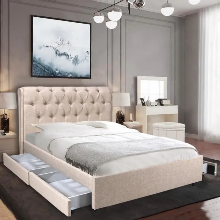 Lit avec tiroirs - LEQUAIDESAFFAIRES - CHELSEA - Bois massif - Beige - 140x190 cm-0