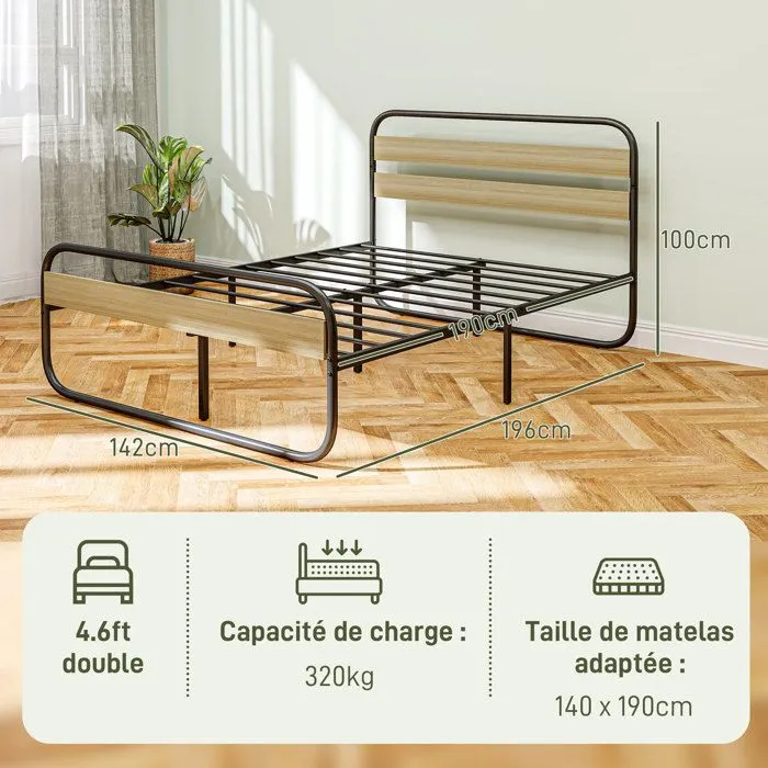 Lit double 140 x 190 cm - HOMCOM - cadre de lit en acier - style industriel - tête de lit et sommier inclus - aspect bois-3