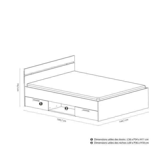 DEMEYERE Michigan Lit adulte 140x190 cm - 2 tiroirs et 1 niche - Industriel - Décor chêne brossé et noir-6