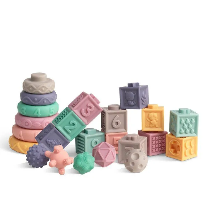 FORMULA BABY Coffret d'éveil sensoriel, 23 pièces, cubes couples empilables, tour à niveaux, balles sensorielles-0