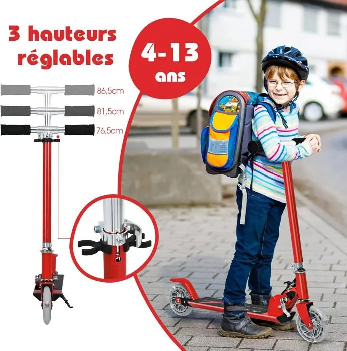 COSTWAY Trottinette Enfant Pliable 2 Roues LED Clignotantes Hauteur Ajustable Charge Max 70kg Enfant de 4 à 14 Ans Patinette Rouge-3