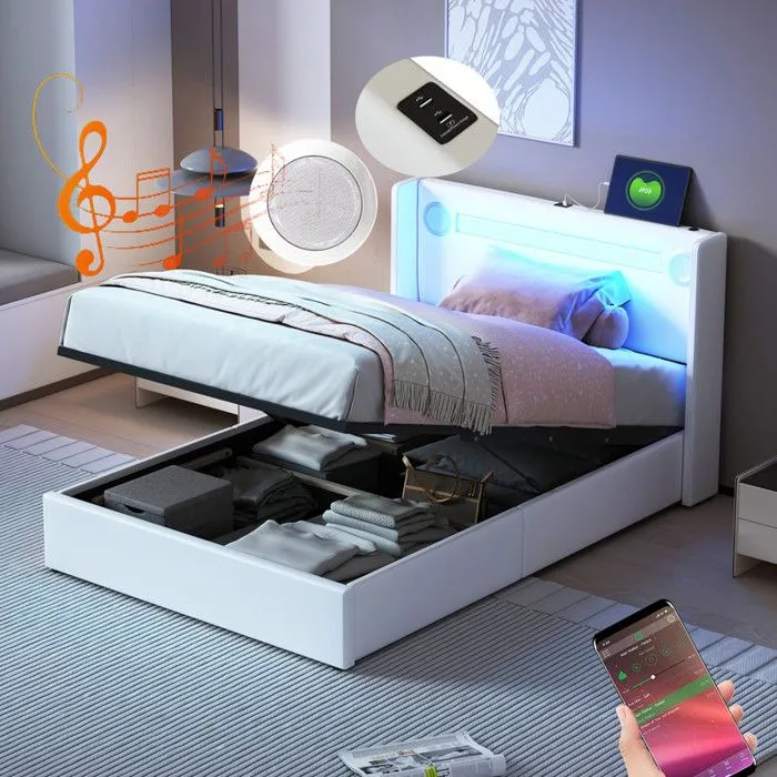 MODERNLUXE Lit coffre rembourré 90x200cm avec LED, lecteur Bluetooth - USB - sommier à lattes - en similicuir - Blanc-0