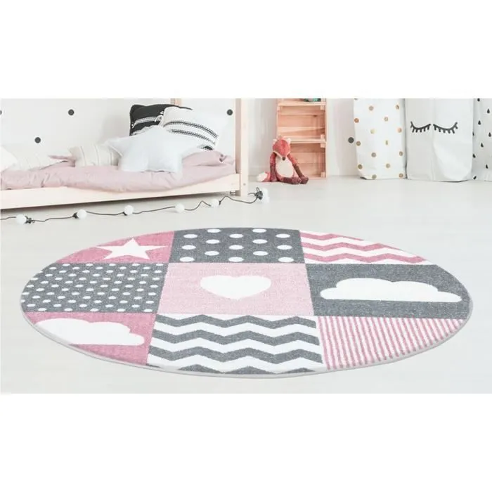 Tapis Enfant PATCHWORK - AYYILDIZ - 120x120cm - Rose & Gris - 100% Polypropylène 11mm-1
