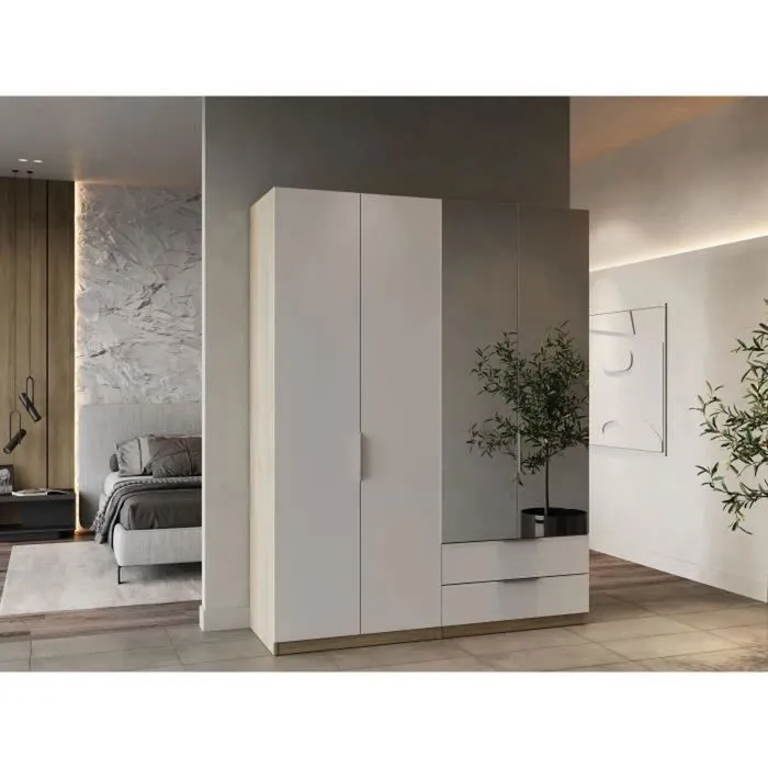 Armoire GHOST - Décor chêne kronberg et blanc mat - 4 Portes + 2 Tiroirs - 2 miroirs - L.157,3 x P.51,1 x H.203 cm - DEMEYERE-1