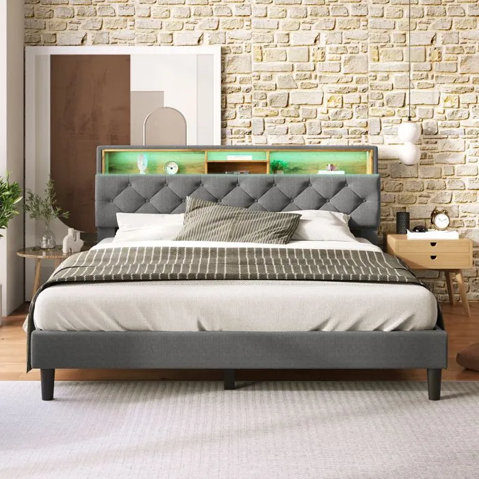 Lit adulte 140x200 cm - Tête de lit avec rangement, LED - Gris - MODERNLUXE - Design contemporain-1