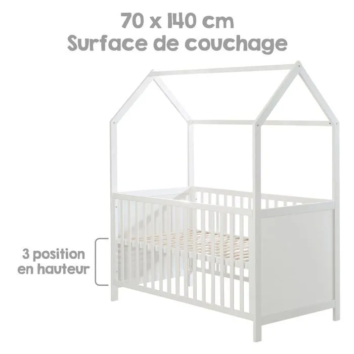 ROBA Lit Cabane Bébé Évolutif 70x140 cm - Convertible en Lit Junior et en Banc - Hauteur Réglable - Bois Laqué Blanc-5