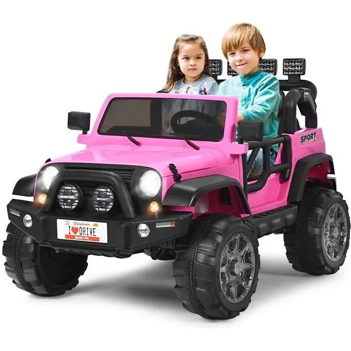 COSTWAY Voiture 4x4 Électrique 12V pour Enfants 3+ Ans, 2 Places, Télécommande 2.4G, Lumières LED et Musique, Rose-0