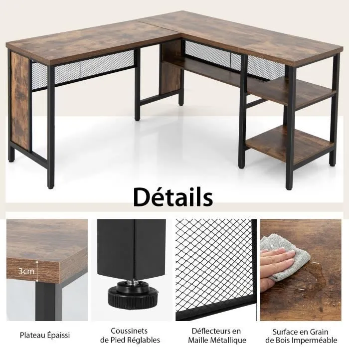 COSTWAY Bureau d’Angle Industriel en Forme de L, 150 x 140 x 75 cm Plateau de Table Spacieux & 3 Étagères Ouvertes, Marron Rustique-1