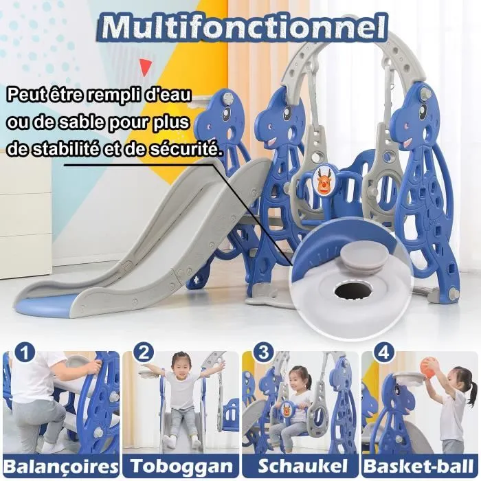 LZQ 4 en 1 Toboggan pour Enfants en Plastique Aire de Jeux avec panier de basket-ball, balançoire, échelle d'escalade, toboggan-2