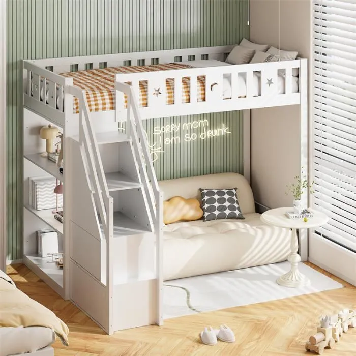 Lit mezzanine - DREAMMESPACE - 90x200 cm - Bois massif - Blanc - Échelle avec tiroirs de rangement-0