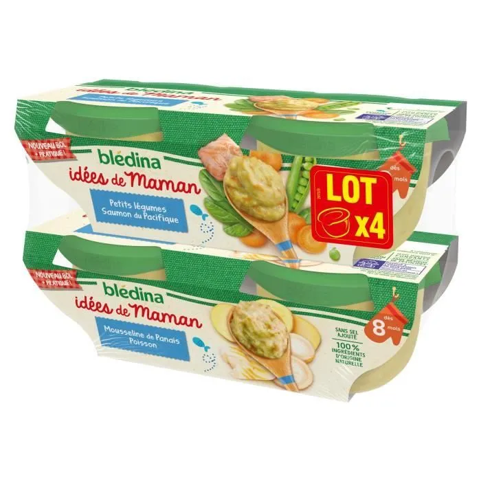 Blédina Idées de Maman, Repas pour bébé dès 8 Mois, Petits Légumes Saumon/ Mousseline de Panais Poisson, 4x200g-2