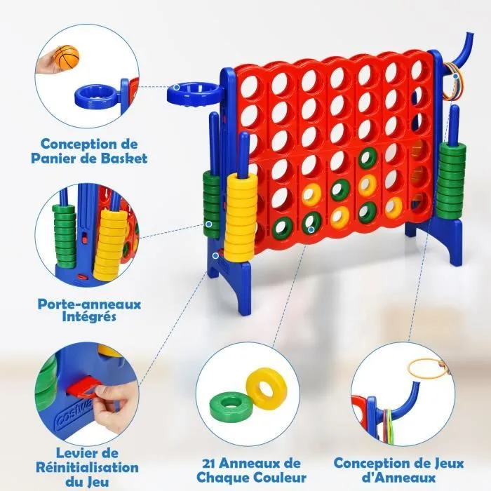 COSTWAY Jeux Puissance 4 Géant Multifonction 3 en 1 avec Cerceau de Basket-ball Jeu d’Anneaux au Côté 42 Anneaux pour Enfants Bleu-1
