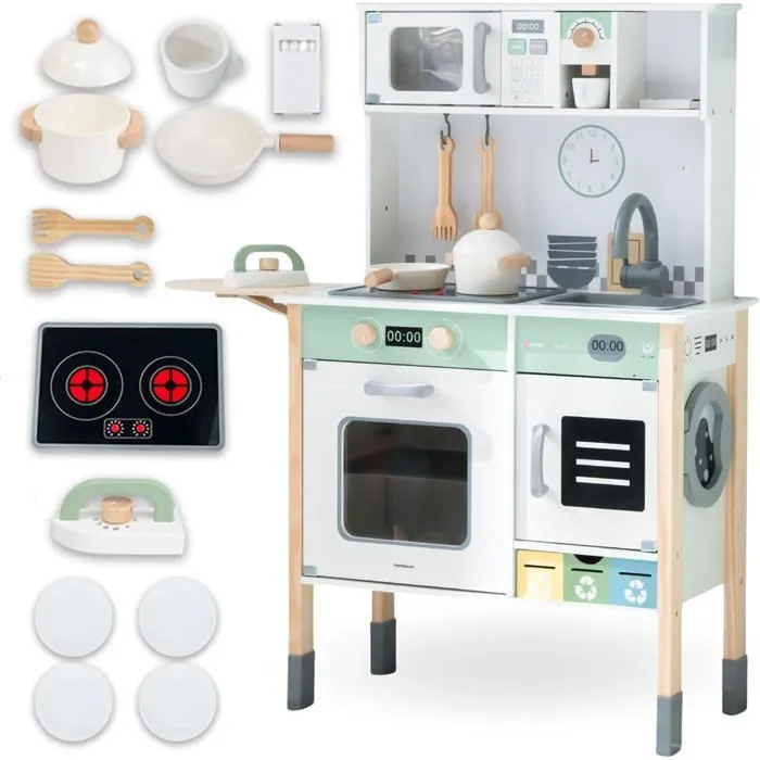 Mamabrum Cuisine Enfant Interactive en Bois 31x85x98cm- Lave-Linge, Lave-Vaisselle, Tableau, Accessoires- Sons& lumières-0
