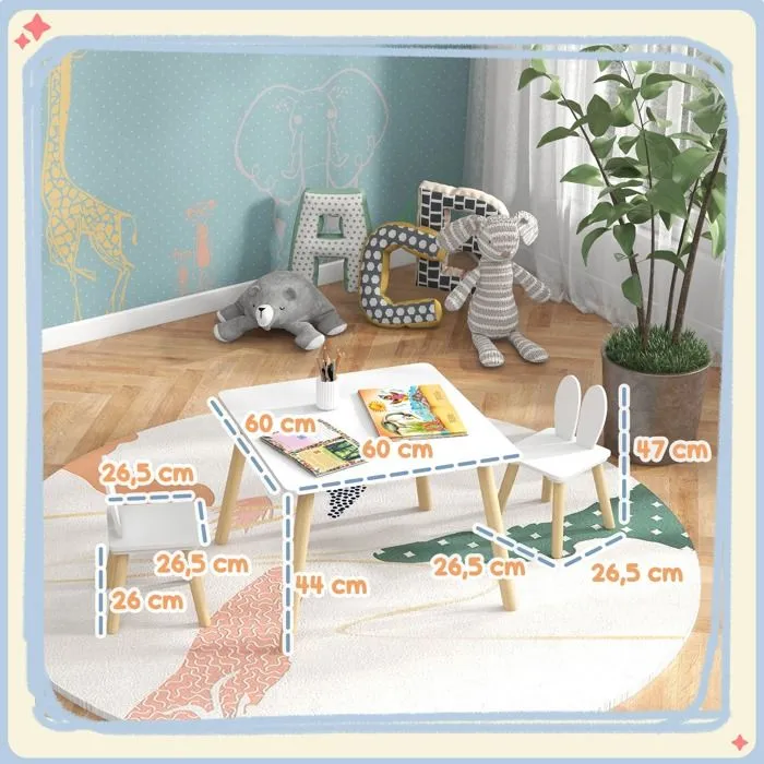 Ensemble table et 2 chaises enfant - AIYAPLAY - design scandinave motif oreille de lapin bois pin blanc-3