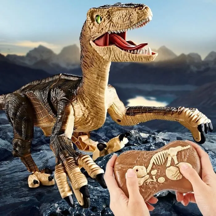 Jouet robot de marche de dinosaure RC - ROKOO - Brun - Simulation son et lumière-0