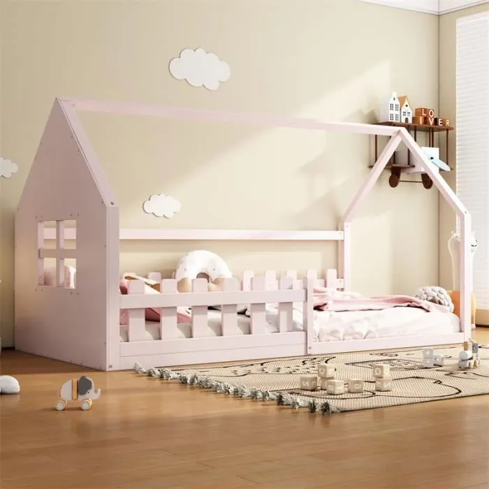 Lit cabane - Non spécifié - 90x200cm - Bois massif - Rose - 1 place-0