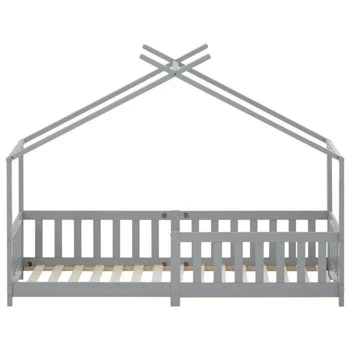 Lit cabane pour enfant - LIBERTÉ - Gris - Bois massif - sommier à lattes-2