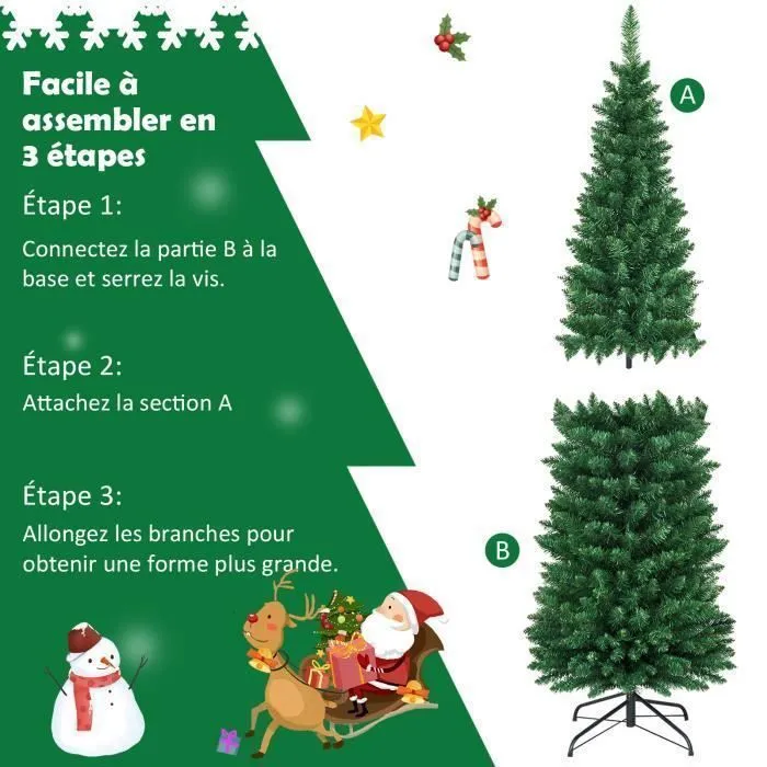COSTWAY Sapin de Noël Artificiel 180 cm 400 Branches Support en Métal Solide Aiguilles en PVC Décoration de Fêtes Vert Naturel-3