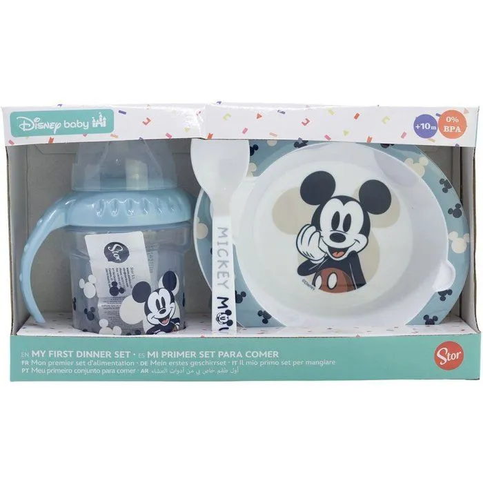 STOR Coffret cadeau Disney Mickey Mouse pour enfants, sans BPA, avec biberon, bol et cuillère, lavable et réutilisable-1