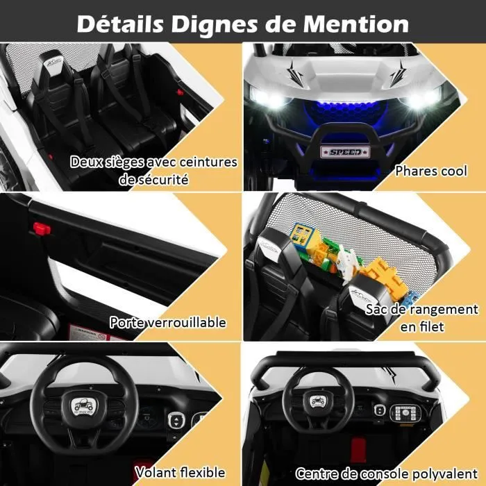 COSTWAY Voiture Electrique Enfant 12V/7Ah, 2-4 km/h, 2 Place, Télécommande 2,4G pour 3-8Ans, MP3, USB, Radio, Lumineux, Klaxon Blanc-2