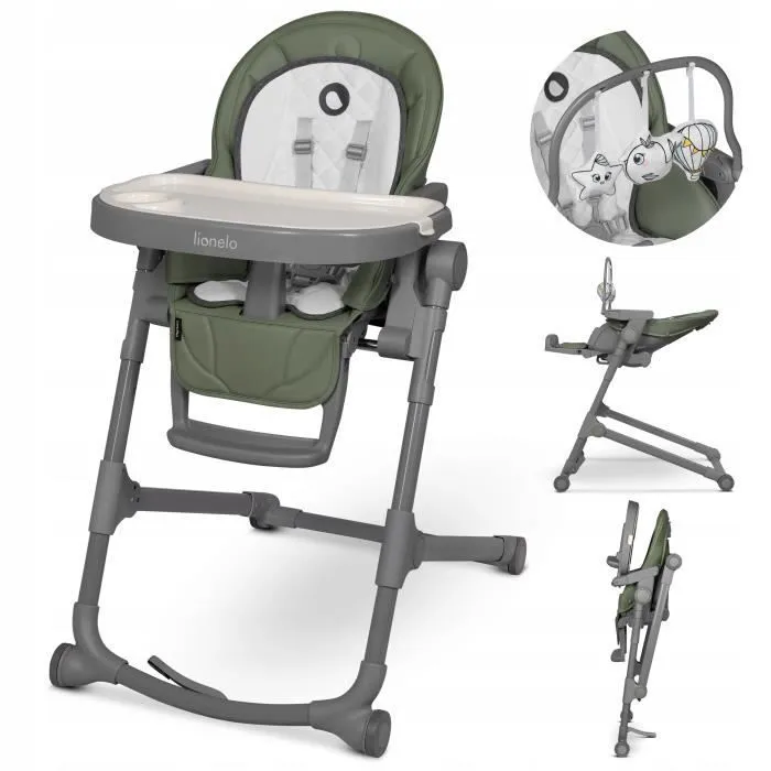LIONELO Cora Plus - Chaise haute avec fonction transat - 2en1 - Pliable - Mobilité garantie grâce à 4 roulettes - 0–36 mois - Olive-0